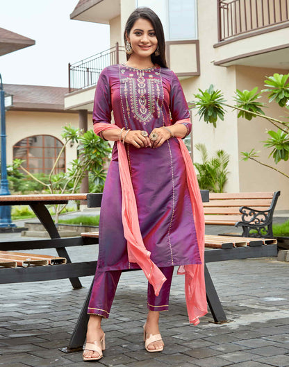 Dark Magenta Embroidery Rayon Straight Kurta With Pant And Dupatta