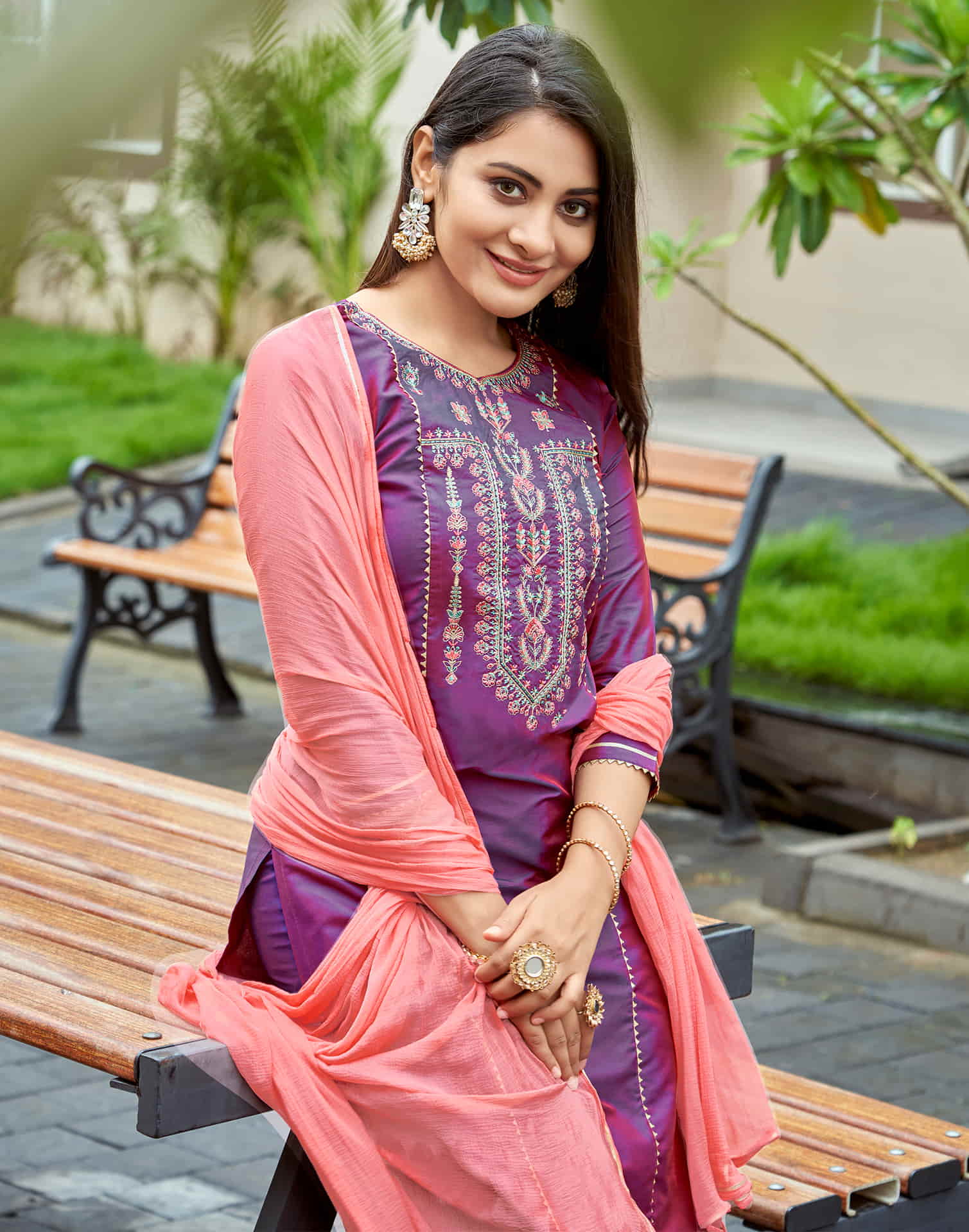 Dark Magenta Embroidery Rayon Straight Kurta With Pant And Dupatta