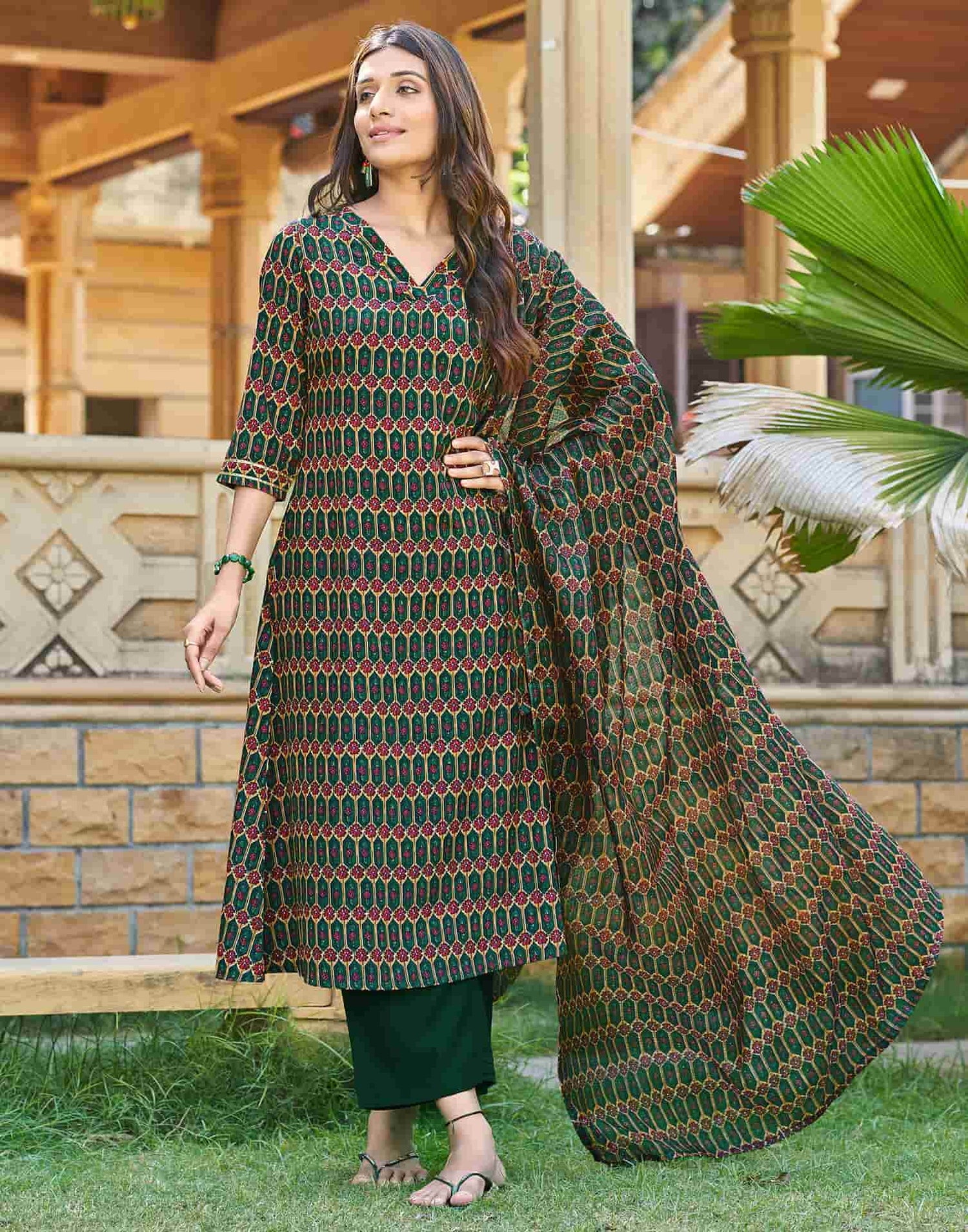 Dark Green Printed Silk A-Line Kurta With Pant And Dupatta