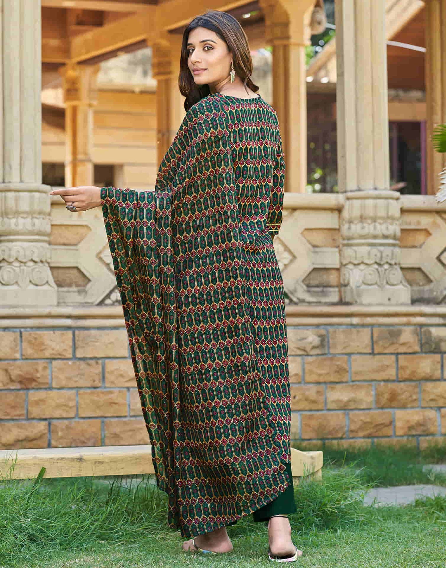 Dark Green Printed Silk A-Line Kurta With Pant And Dupatta