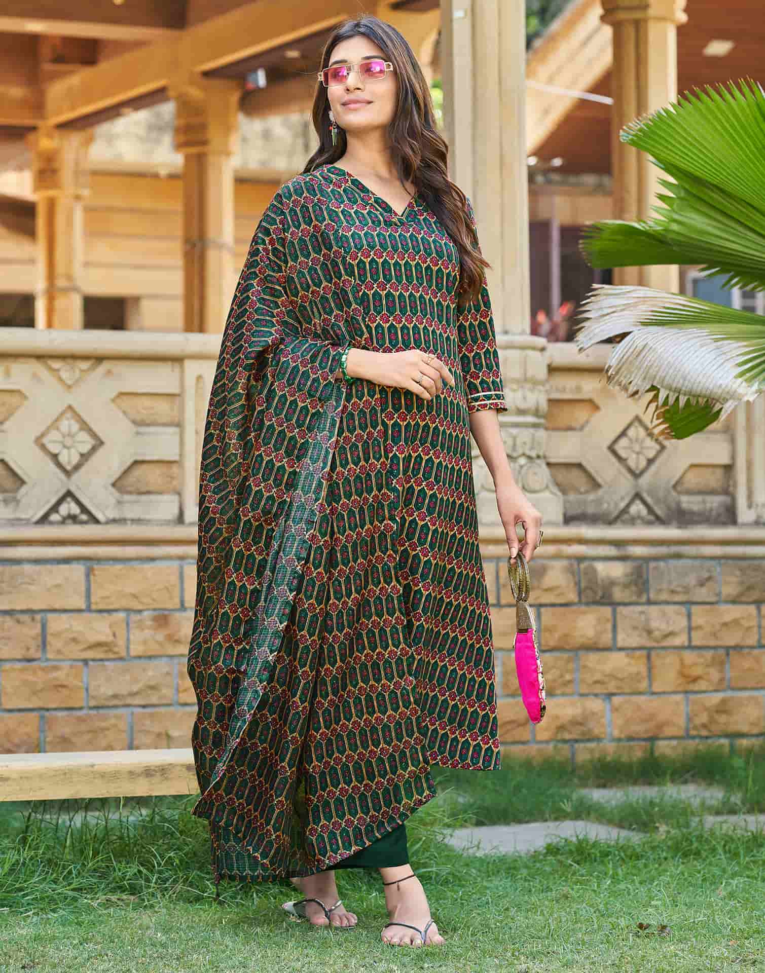 Dark Green Printed Silk A-Line Kurta With Pant And Dupatta