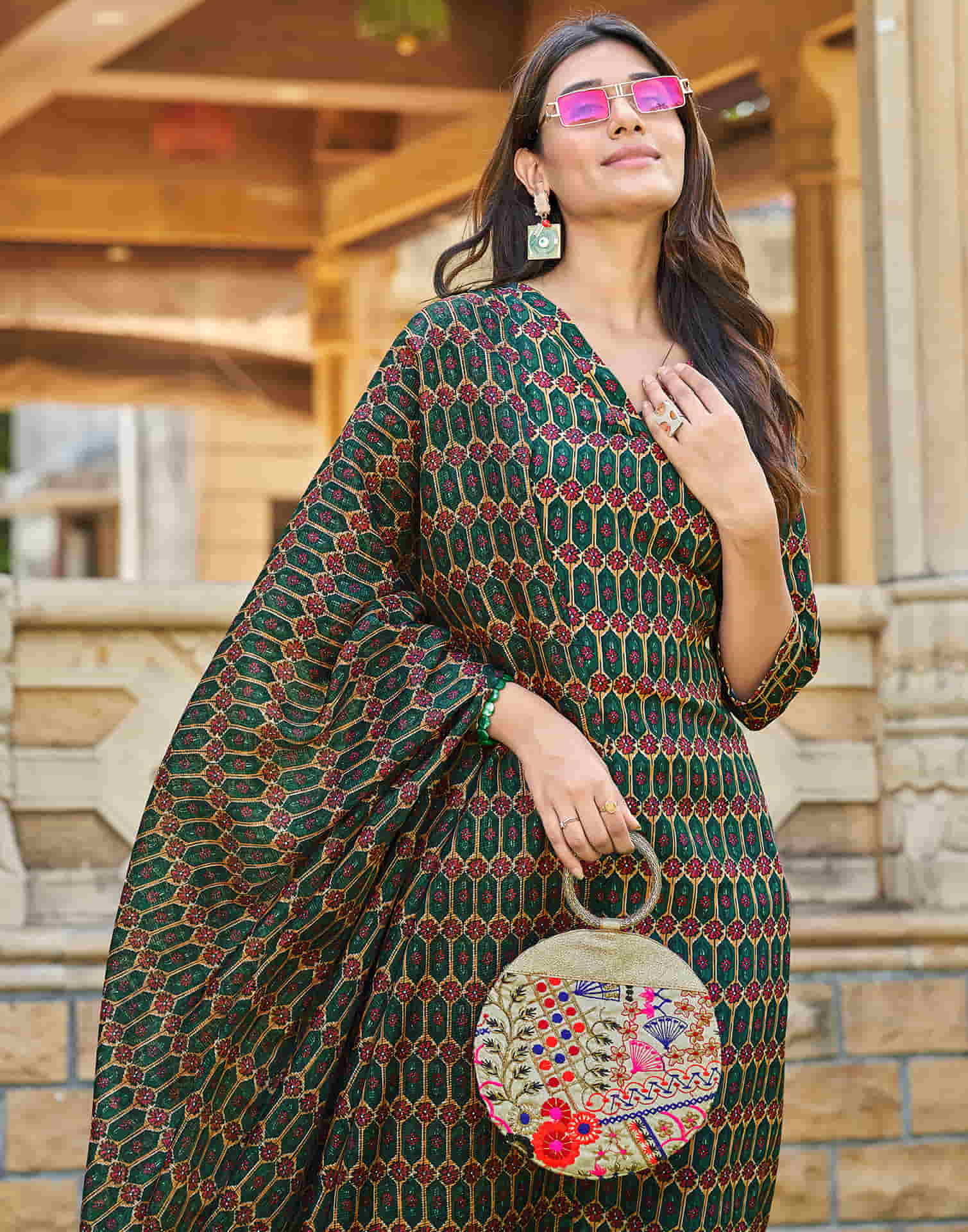 Dark Green Printed Silk A-Line Kurta With Pant And Dupatta