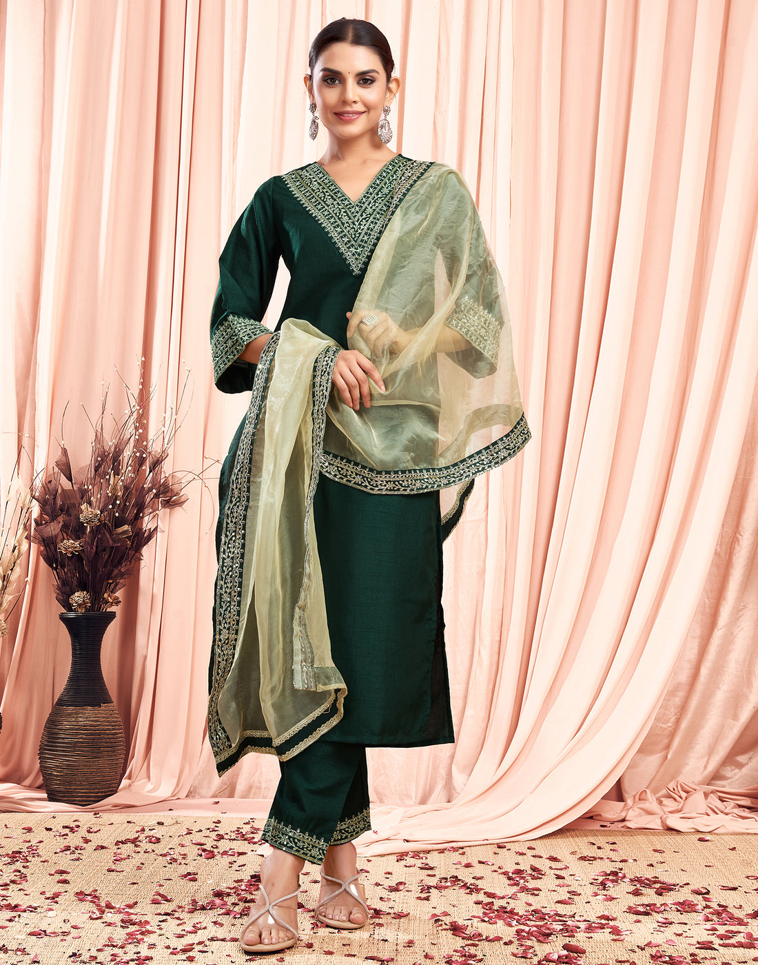 Dark Green Sequence Silk Straight Kurta With Pant And Dupatta