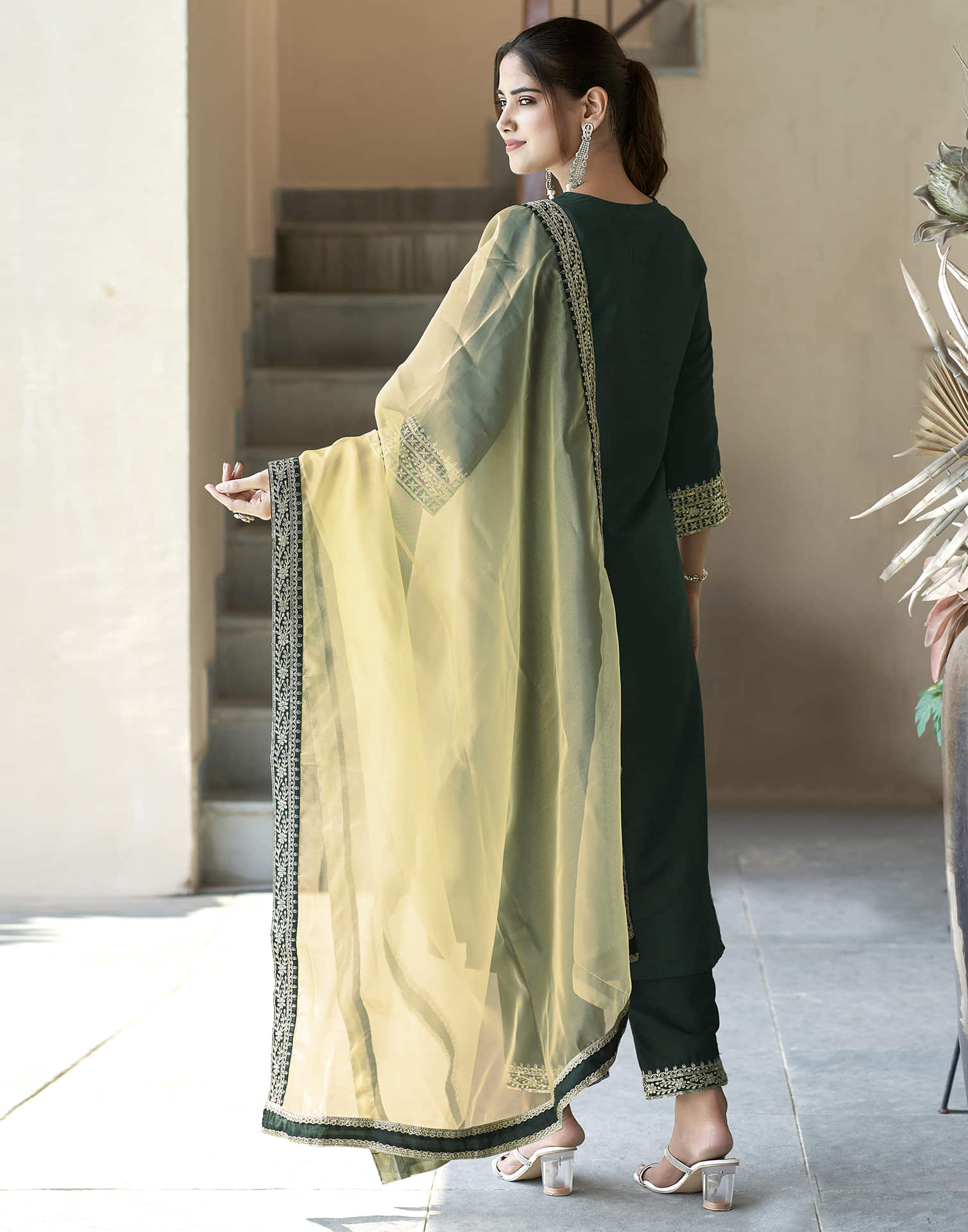 Dark Green Sequence Silk Straight Kurta With Pant And Dupatta