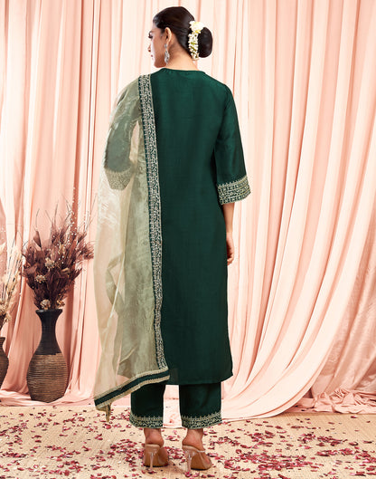 Dark Green Sequence Silk Straight Kurta With Pant And Dupatta