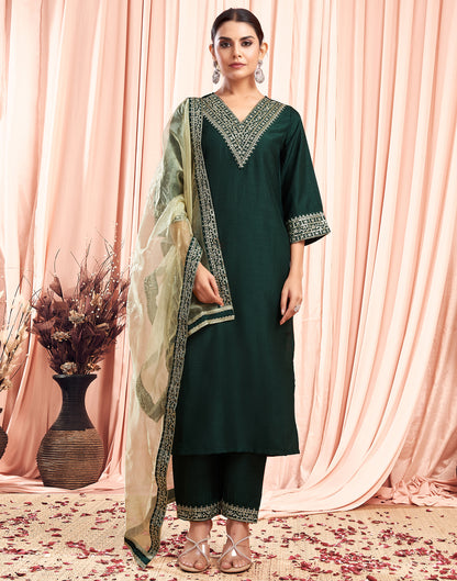 Dark Green Sequence Silk Straight Kurta With Pant And Dupatta