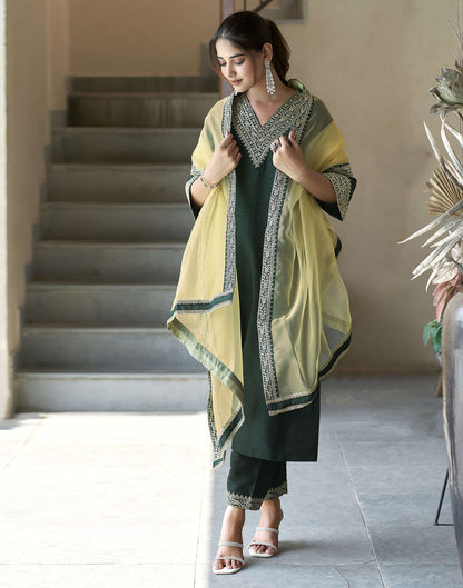 Dark Green Sequence Silk Straight Kurta With Pant And Dupatta