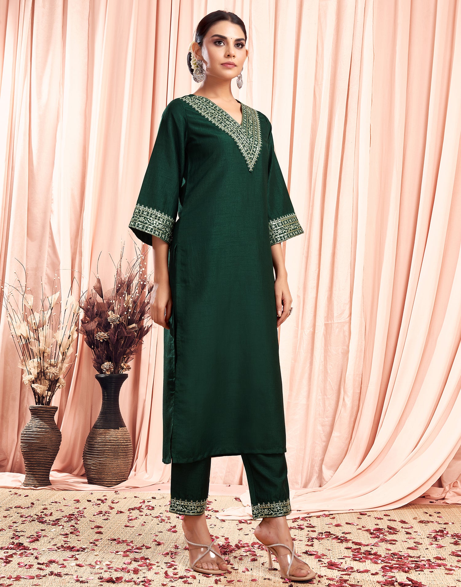 Dark Green Sequence Silk Straight Kurta With Pant And Dupatta