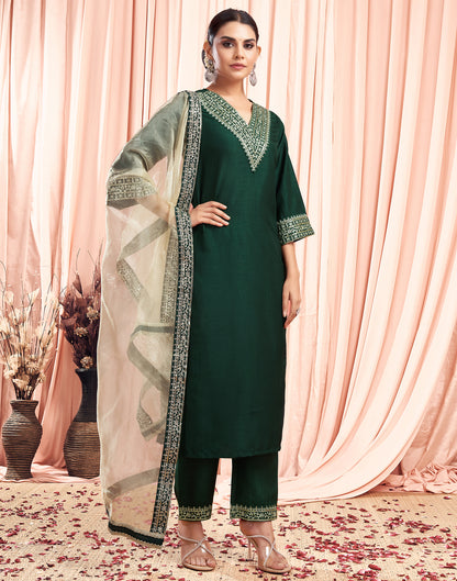 Dark Green Sequence Silk Straight Kurta With Pant And Dupatta