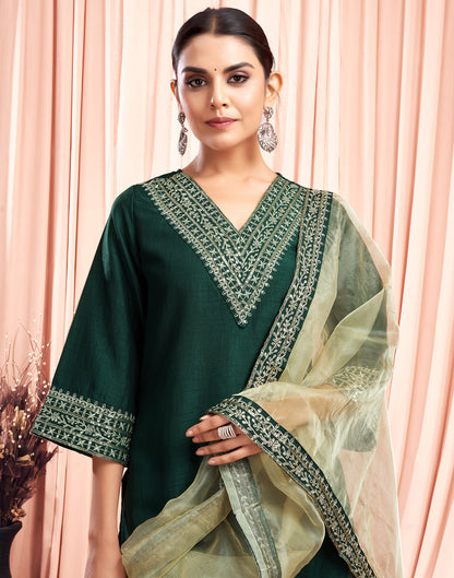 Dark Green Sequence Silk Straight Kurta With Pant And Dupatta