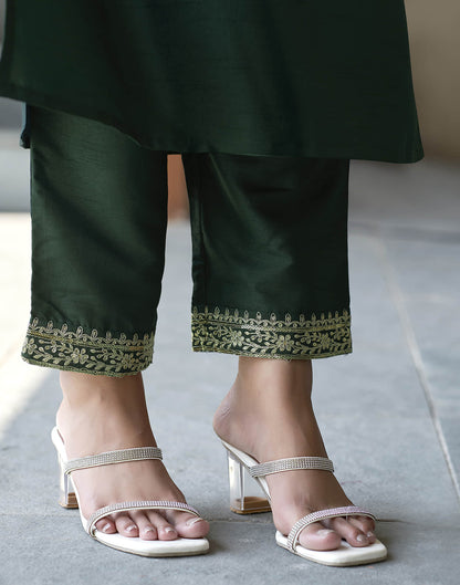 Dark Green Sequence Silk Straight Kurta With Pant And Dupatta