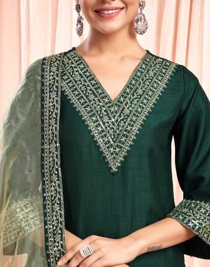 Dark Green Sequence Silk Straight Kurta With Pant And Dupatta