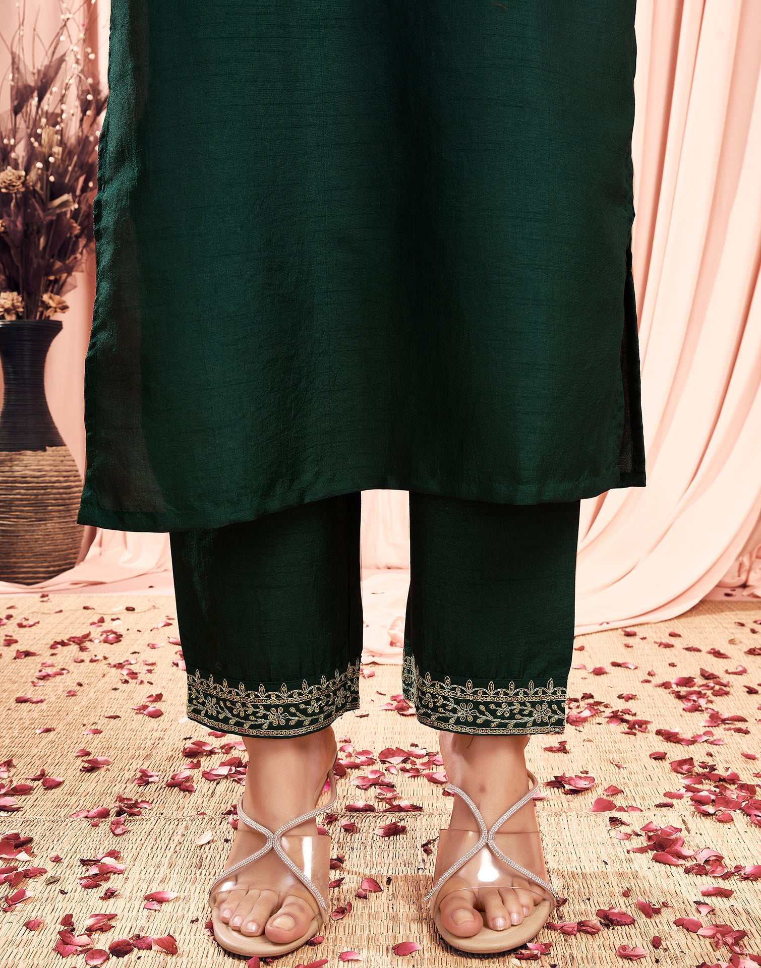 Dark Green Sequence Silk Straight Kurta With Pant And Dupatta