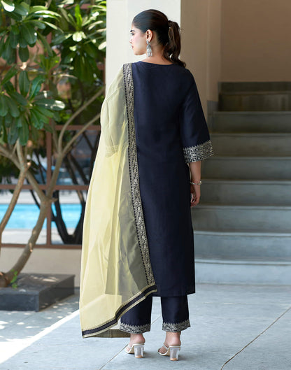 Navy Blue Sequence Silk Straight Kurta With Pant And Dupatta