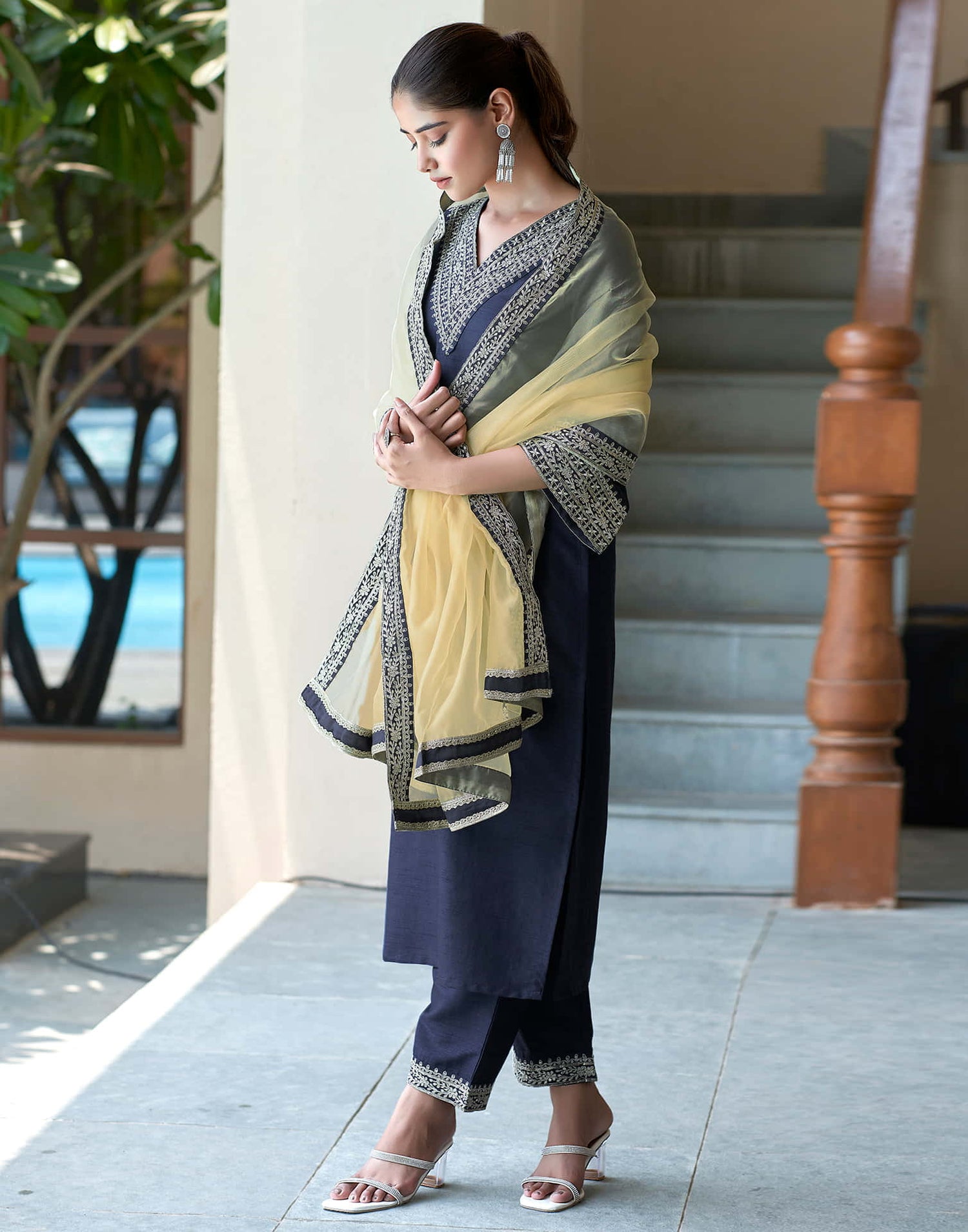 Navy Blue Sequence Silk Straight Kurta With Pant And Dupatta