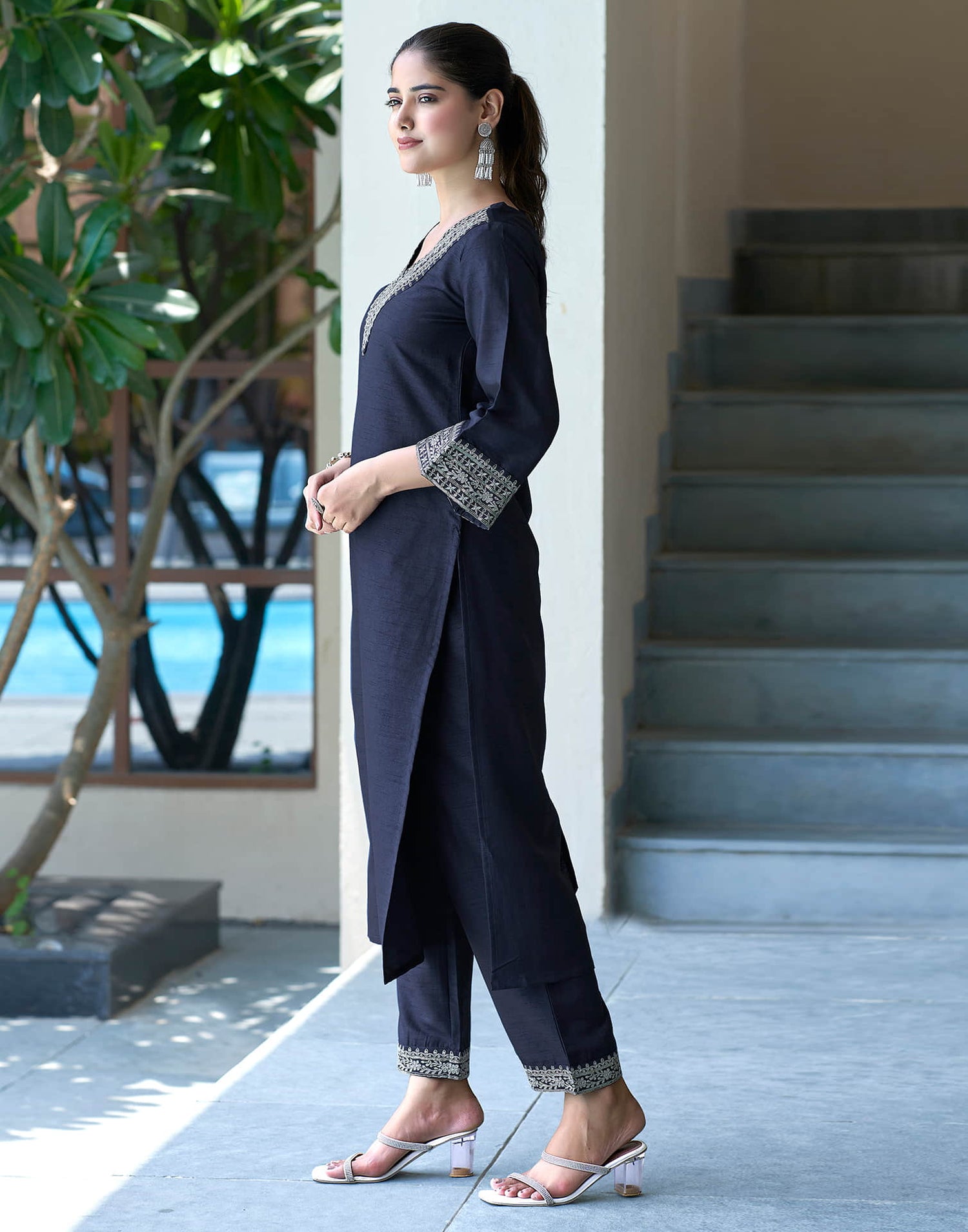 Navy Blue Sequence Silk Straight Kurta With Pant And Dupatta