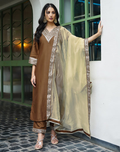 Mustard Silk Embroidery Straight Kurta Set With Dupatta