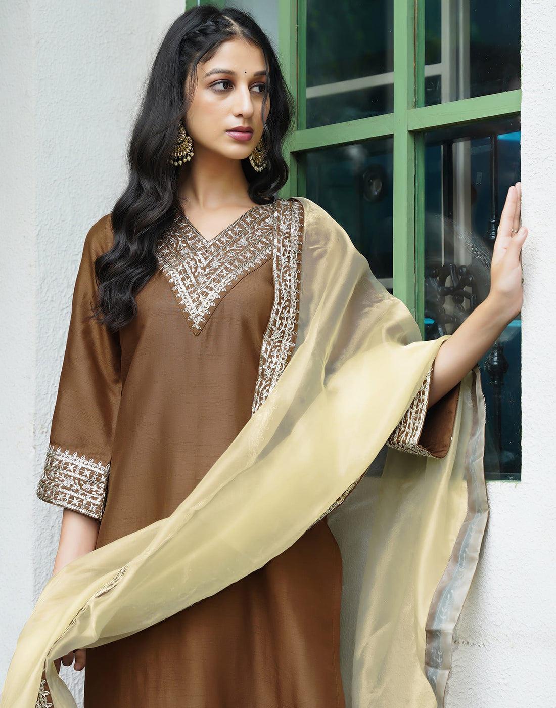 Brown Silk Embroidery Straight Kurta Set With Dupatta