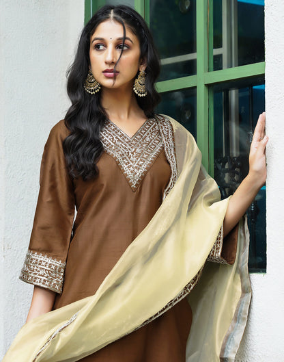 Mustard Silk Embroidery Straight Kurta Set With Dupatta