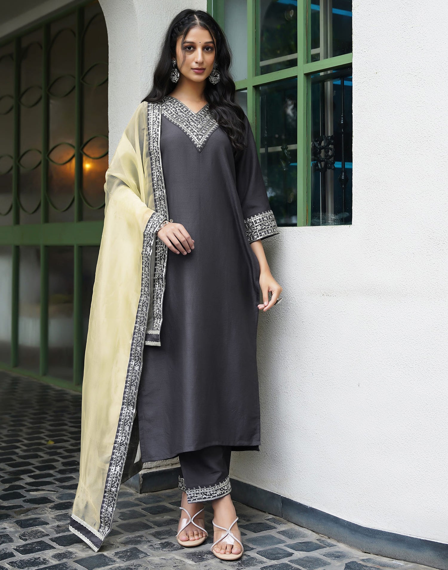 Grey Silk Embroidery Straight Kurta Set With Dupatta