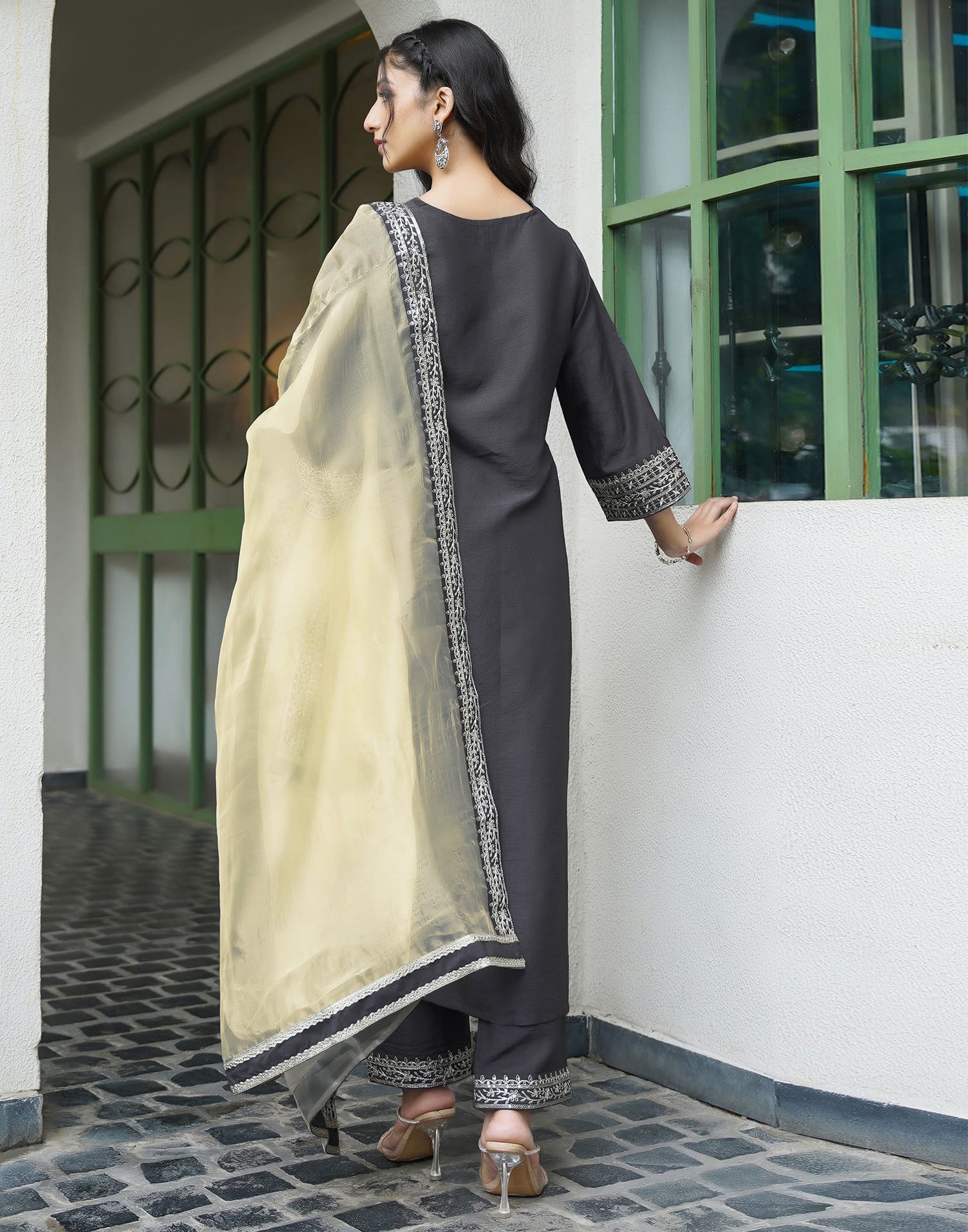 Grey Silk Embroidery Straight Kurta Set With Dupatta