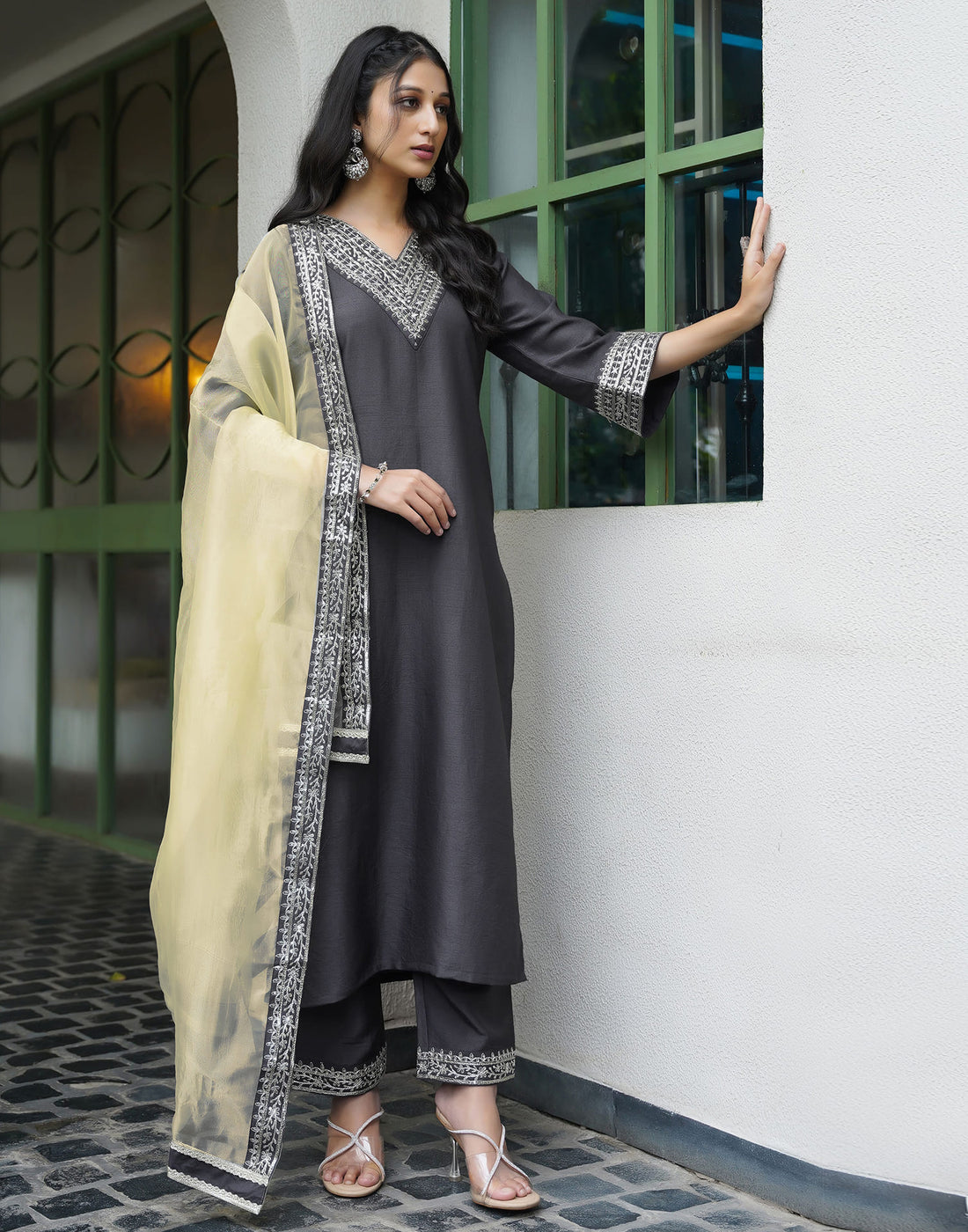 Grey Silk Embroidery Straight Kurta Set With Dupatta