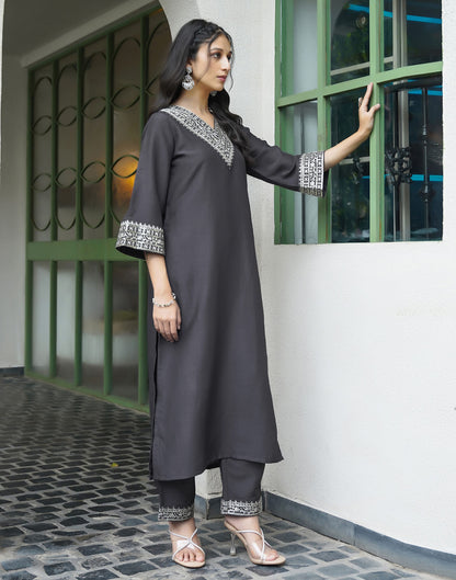 Grey Silk Embroidery Straight Kurta Set With Dupatta