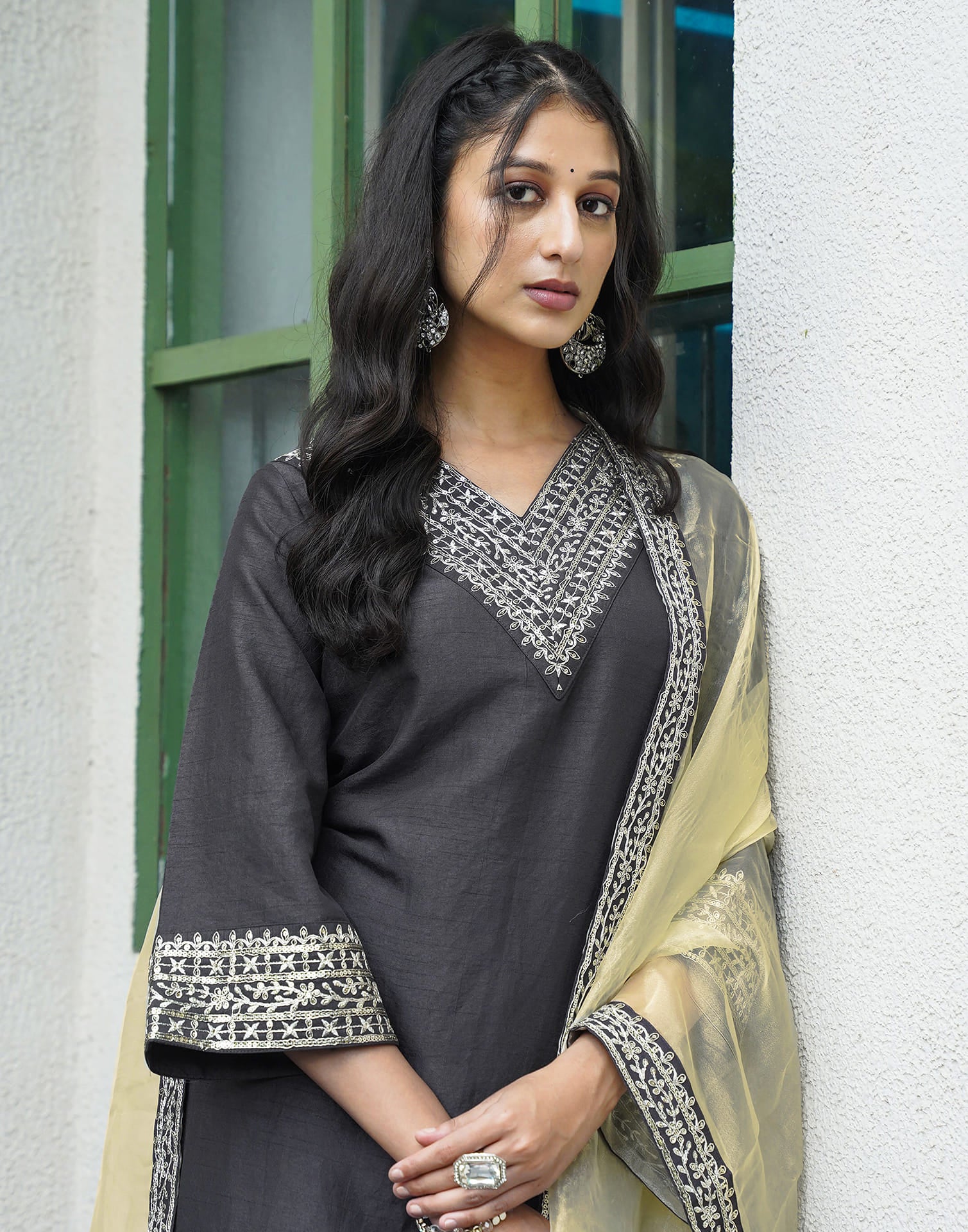 Grey Silk Embroidery Straight Kurta Set With Dupatta