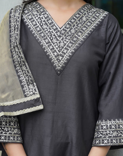 Grey Silk Embroidery Straight Kurta Set With Dupatta