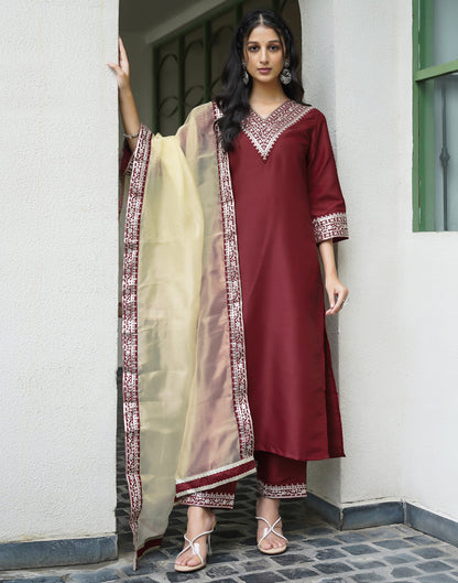 Red Silk Embroidery Straight Kurta Set With Dupatta