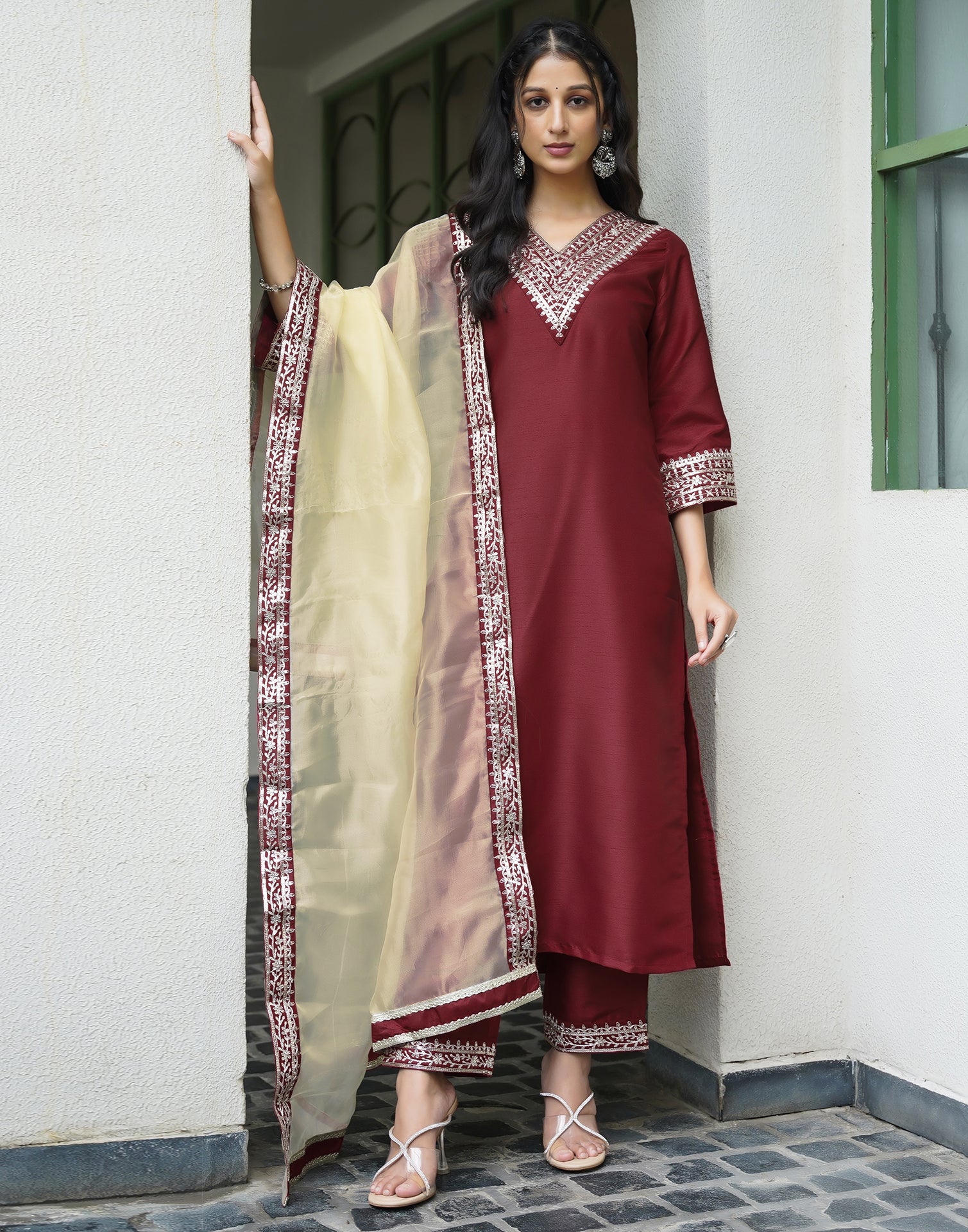 Red Silk Embroidery Straight Kurta Set With Dupatta