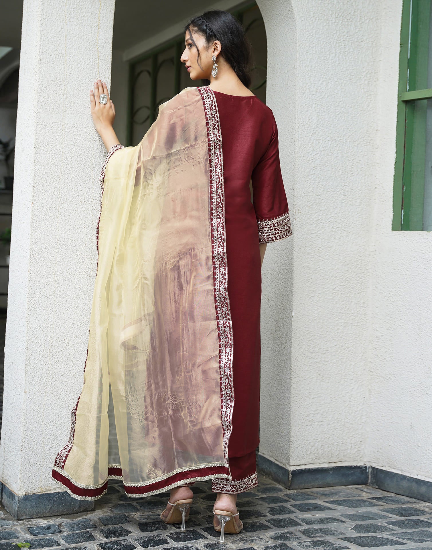 Red Silk Embroidery Straight Kurta Set With Dupatta