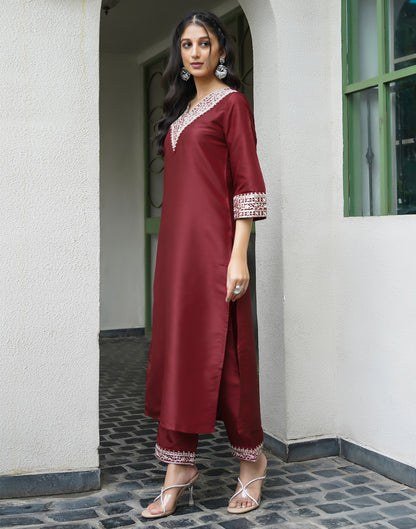 Red Silk Embroidery Straight Kurta Set With Dupatta