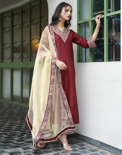 Red Silk Embroidery Straight Kurta Set With Dupatta