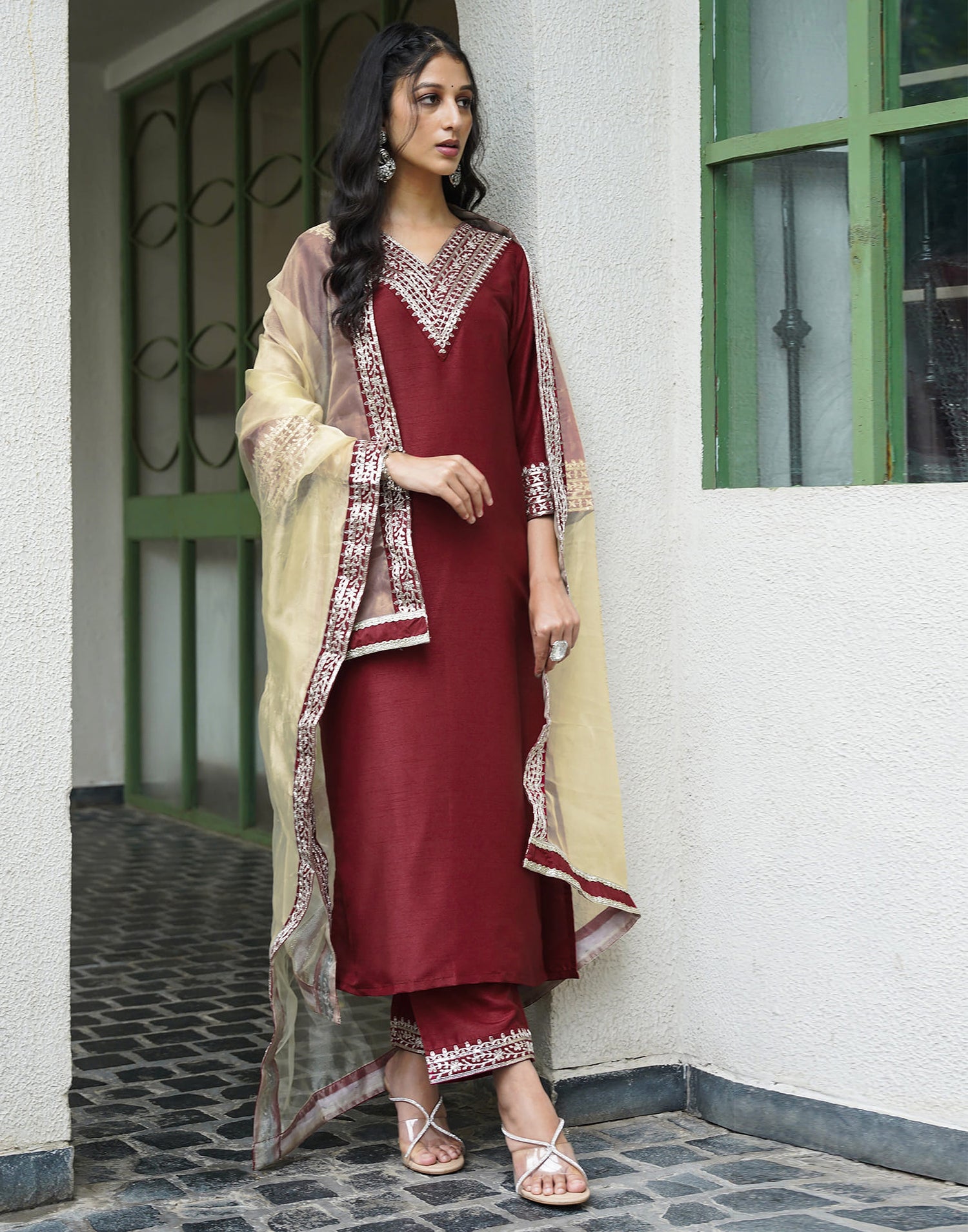 Red Silk Embroidery Straight Kurta Set With Dupatta