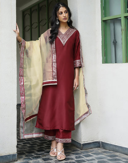 Red Silk Embroidery Straight Kurta Set With Dupatta