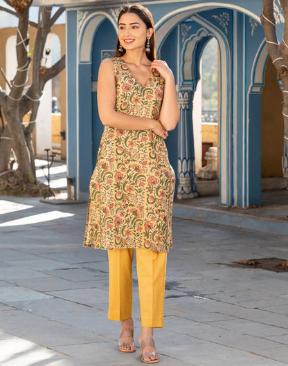 Yellow Printed Rayon Straight Kurta With Pant And Dupatta