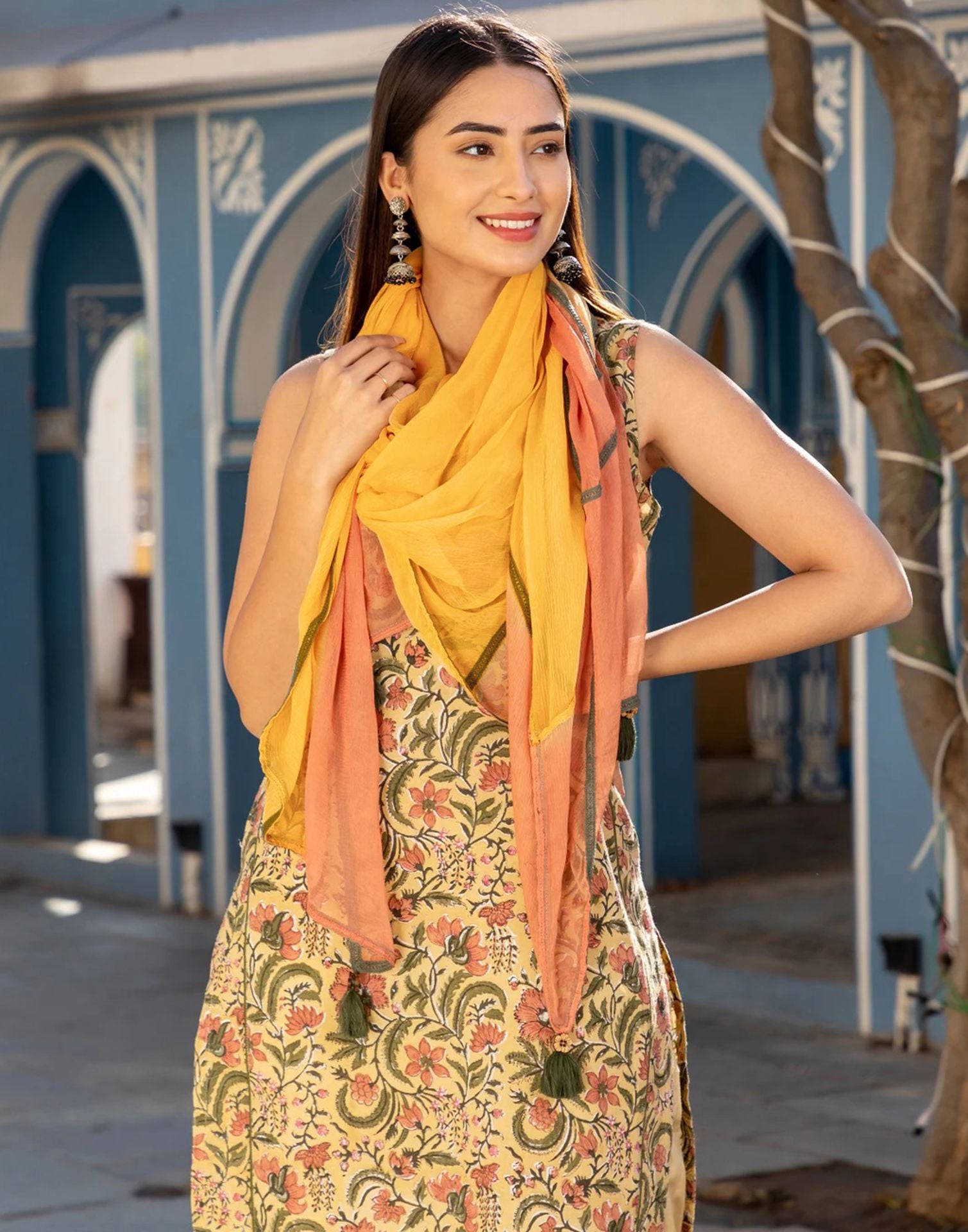 Yellow Printed Rayon Straight Kurta With Pant And Dupatta