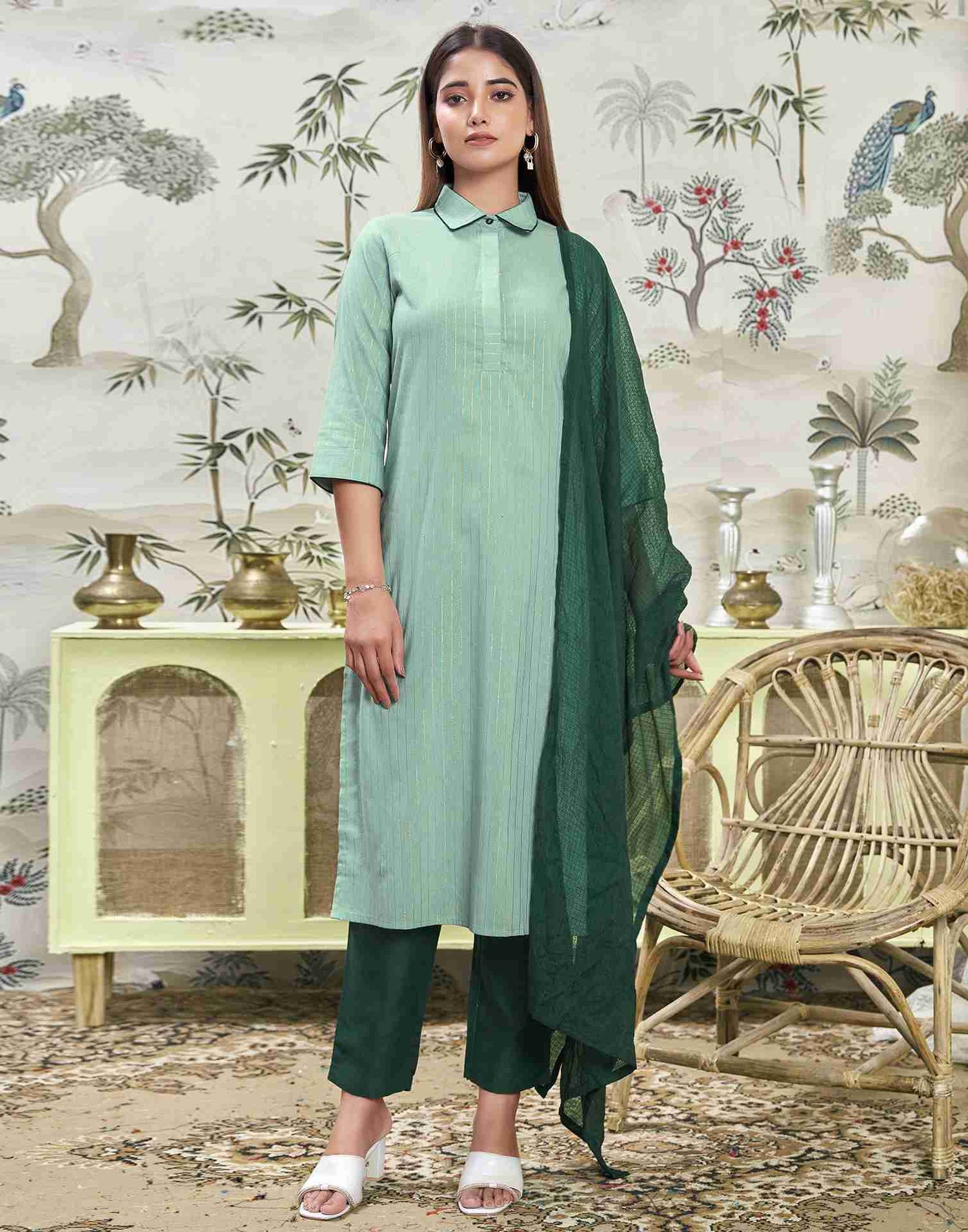 Pista Green Woven Cotton Straight Kurta Set With Dupatta