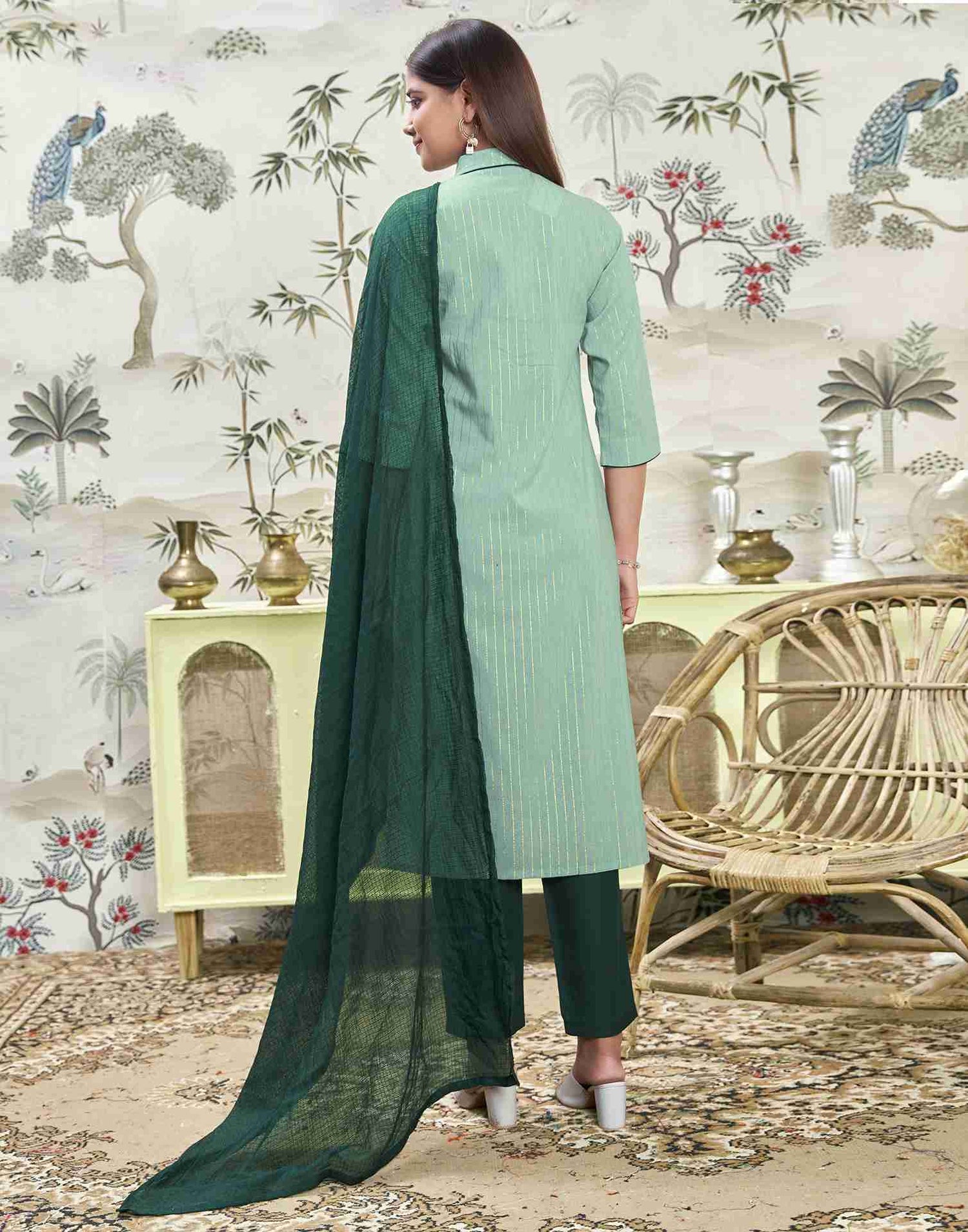 Pista Green Woven Cotton Straight Kurta Set With Dupatta