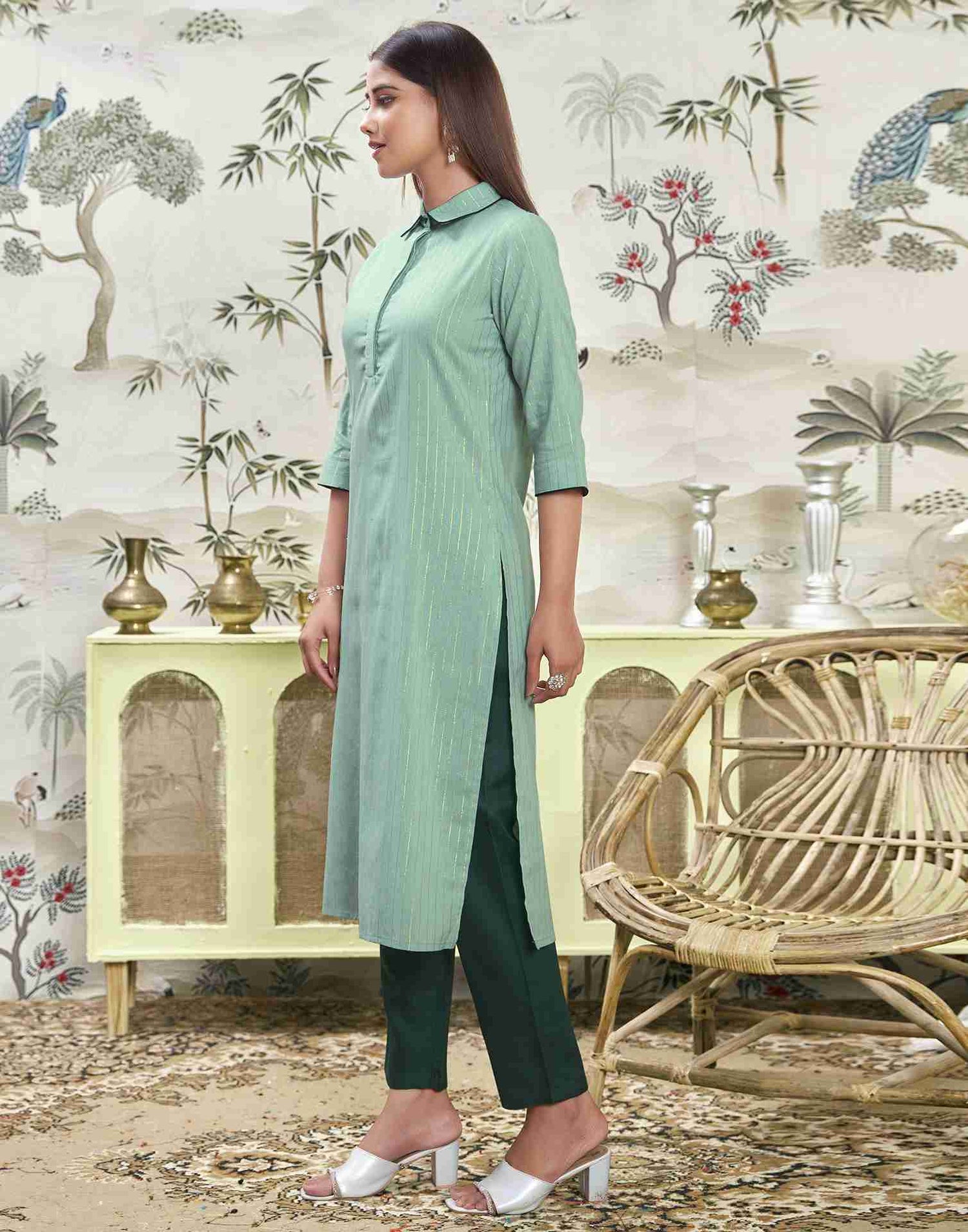 Pista Green Woven Cotton Straight Kurta Set With Dupatta