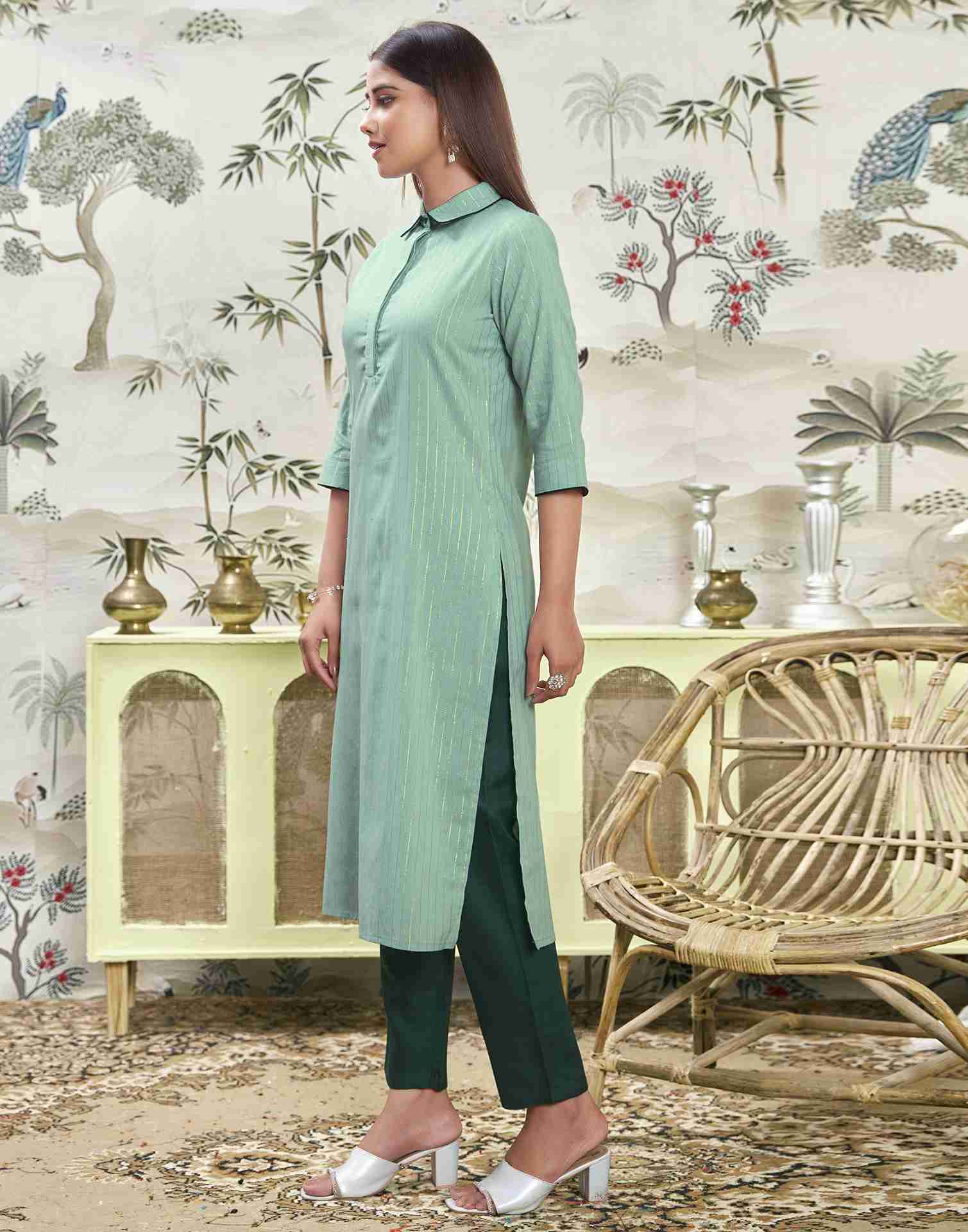 Pista Green Woven Cotton Straight Kurta Set With Dupatta