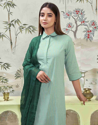 Pista Green Woven Cotton Straight Kurta Set With Dupatta