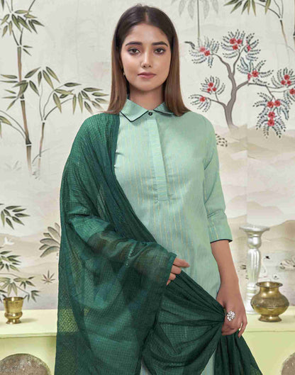 Pista Green Woven Cotton Straight Kurta Set With Dupatta