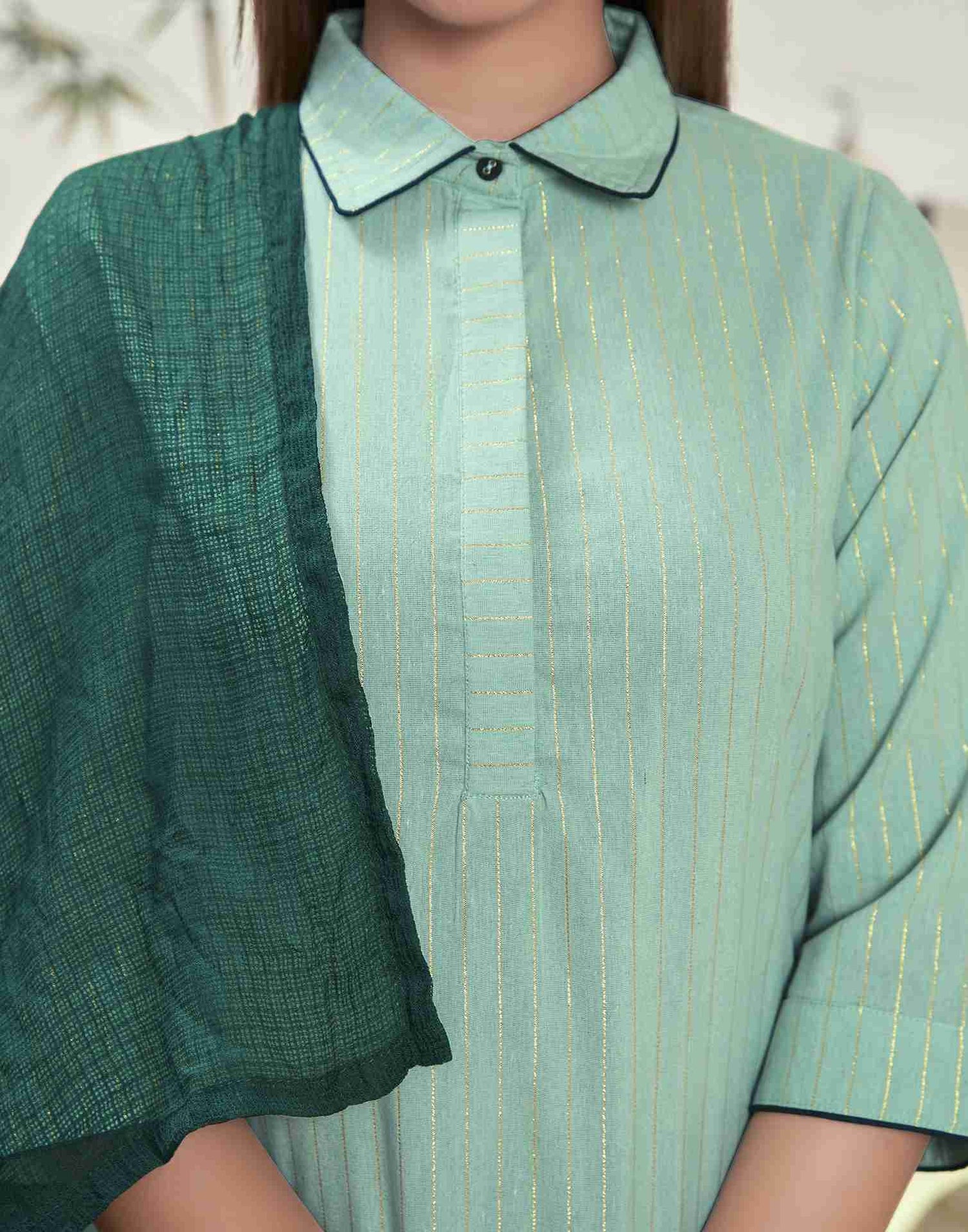 Pista Green Woven Cotton Straight Kurta Set With Dupatta