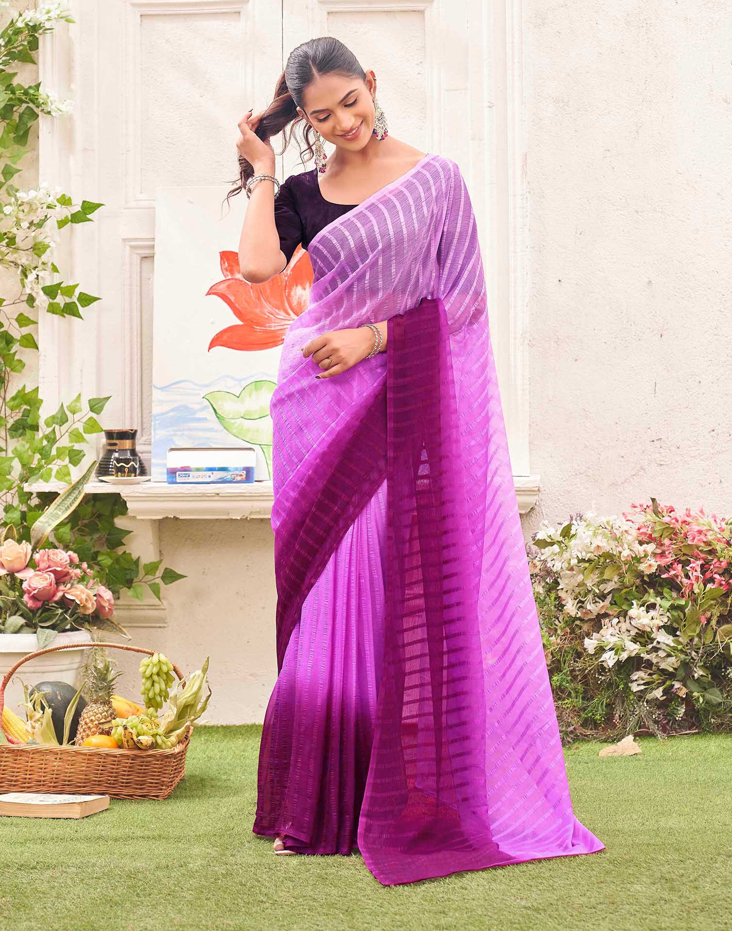 Ready To Wear Pink Chiffon Ombre Zari Stripe Saree 