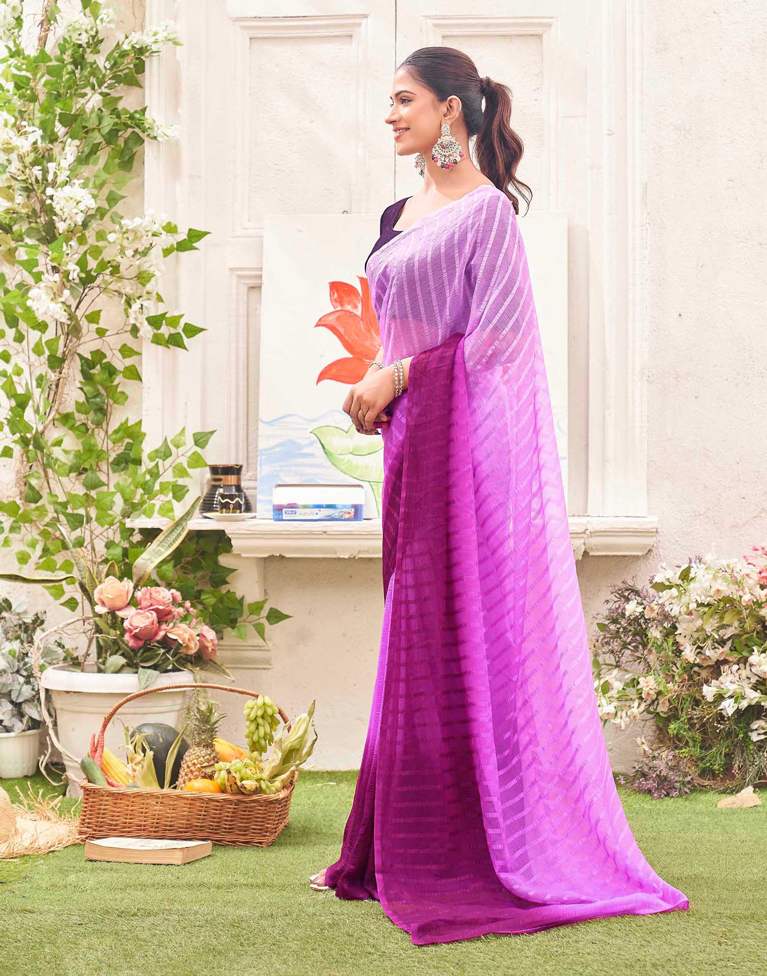 Ready To Wear Pink Chiffon Ombre Zari Stripe Saree 