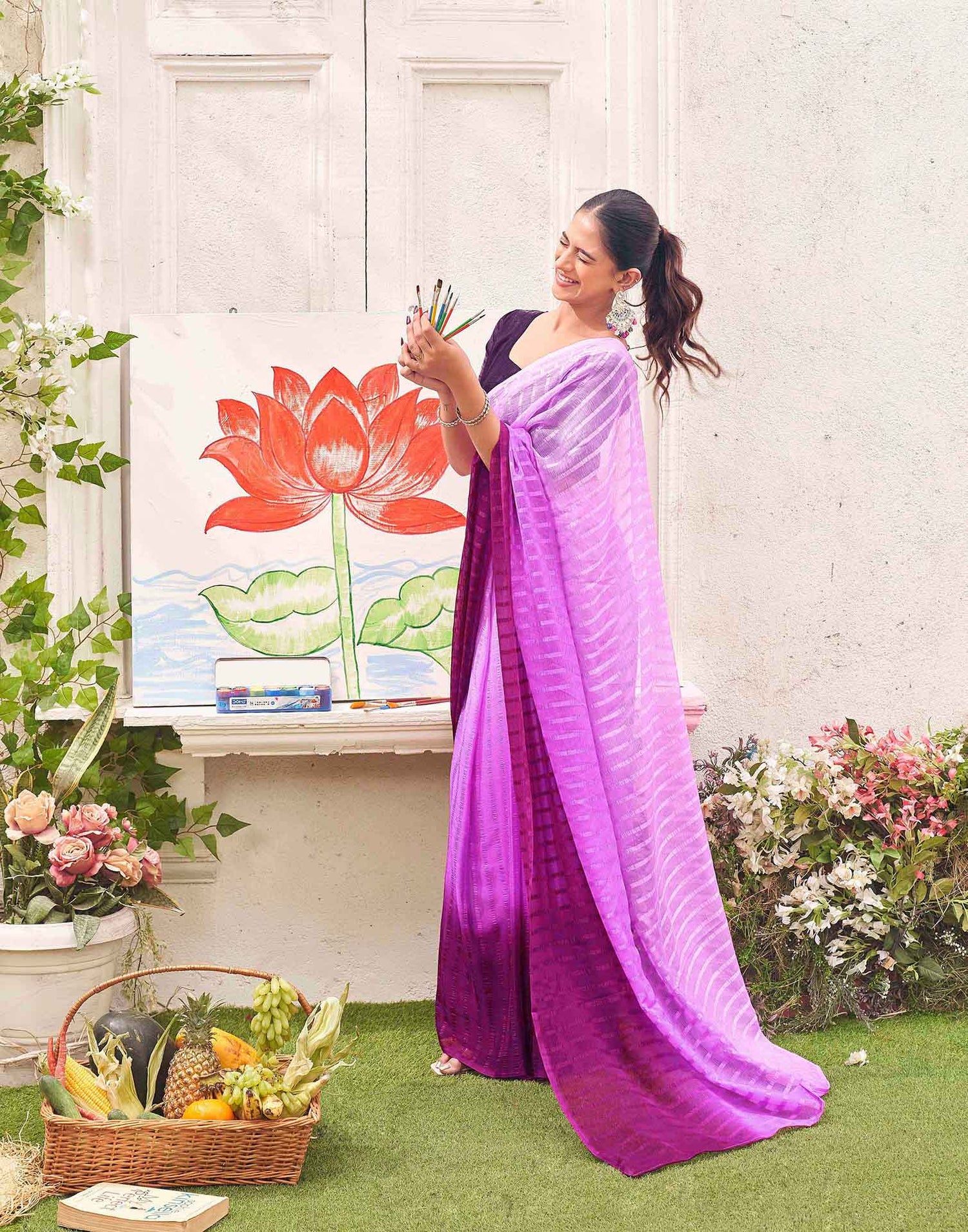 Ready To Wear Pink Chiffon Ombre Zari Stripe Saree 