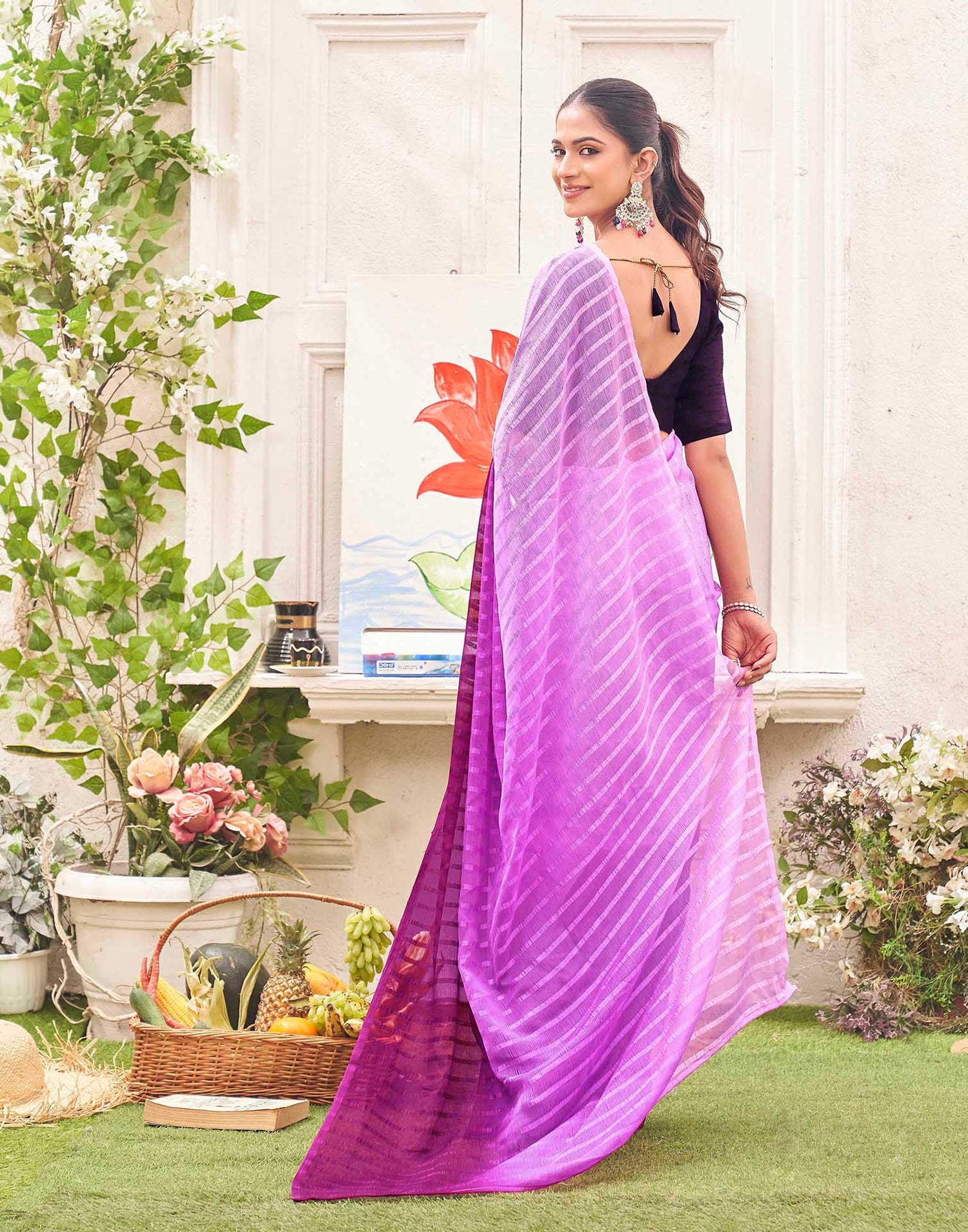 Ready To Wear Pink Chiffon Ombre Zari Stripe Saree 