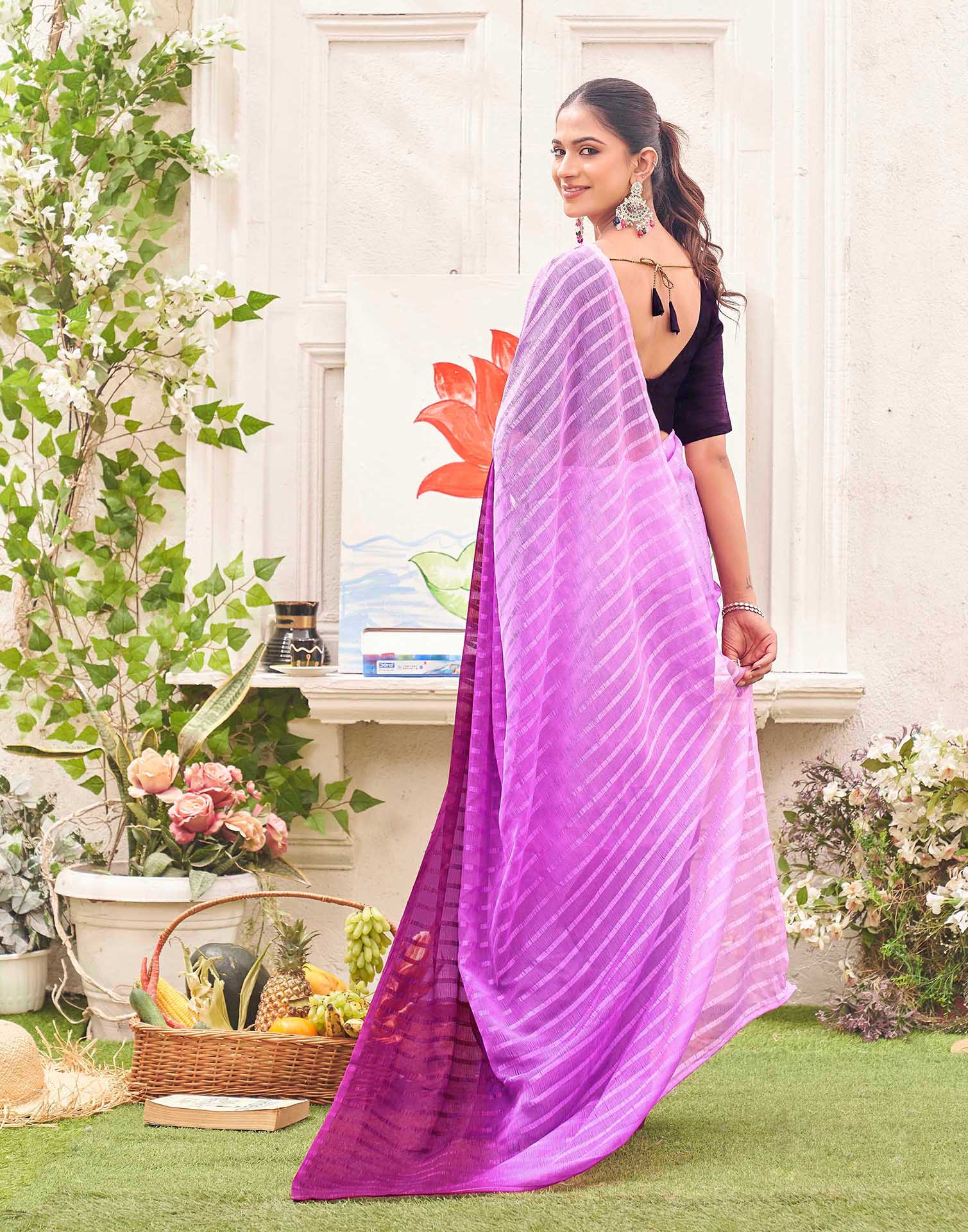 Ready To Wear Pink Chiffon Ombre Zari Stripe Saree 